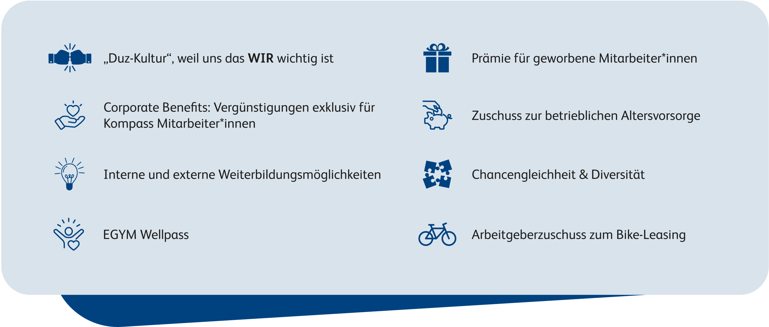 Eine hellblaue Infografik oder Illustration, die verschiedene Vorteile und Benefits für Mitarbeiter darstellt.
