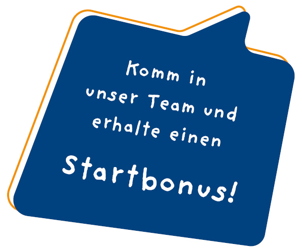 Eine auffällige blaue Grafik mit einem weißen Symbol und dem klaren Text: "Komm in unser Team und erhalte einen Startbonus!".